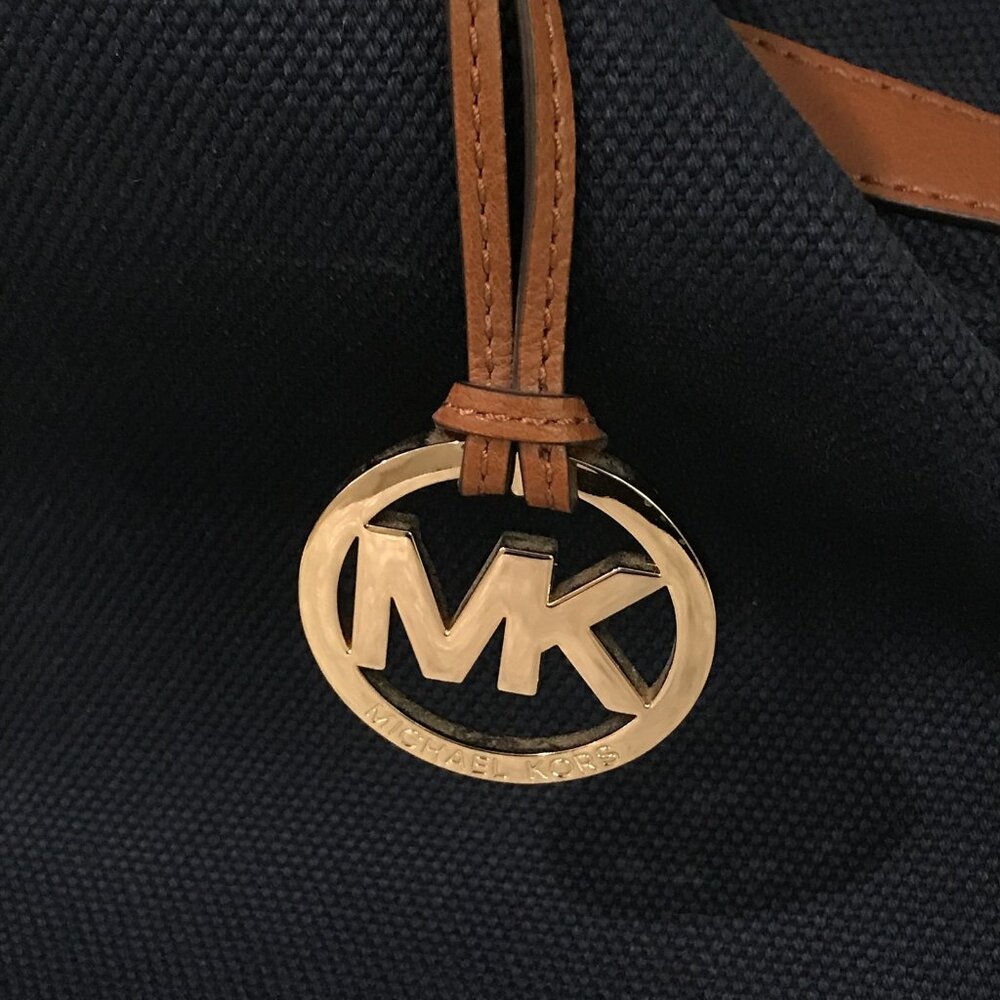 Michael Kors Tote Bag Womens Large Blue Canvas Leather Shoulder Purse MK Charm - Picture 4 of 14